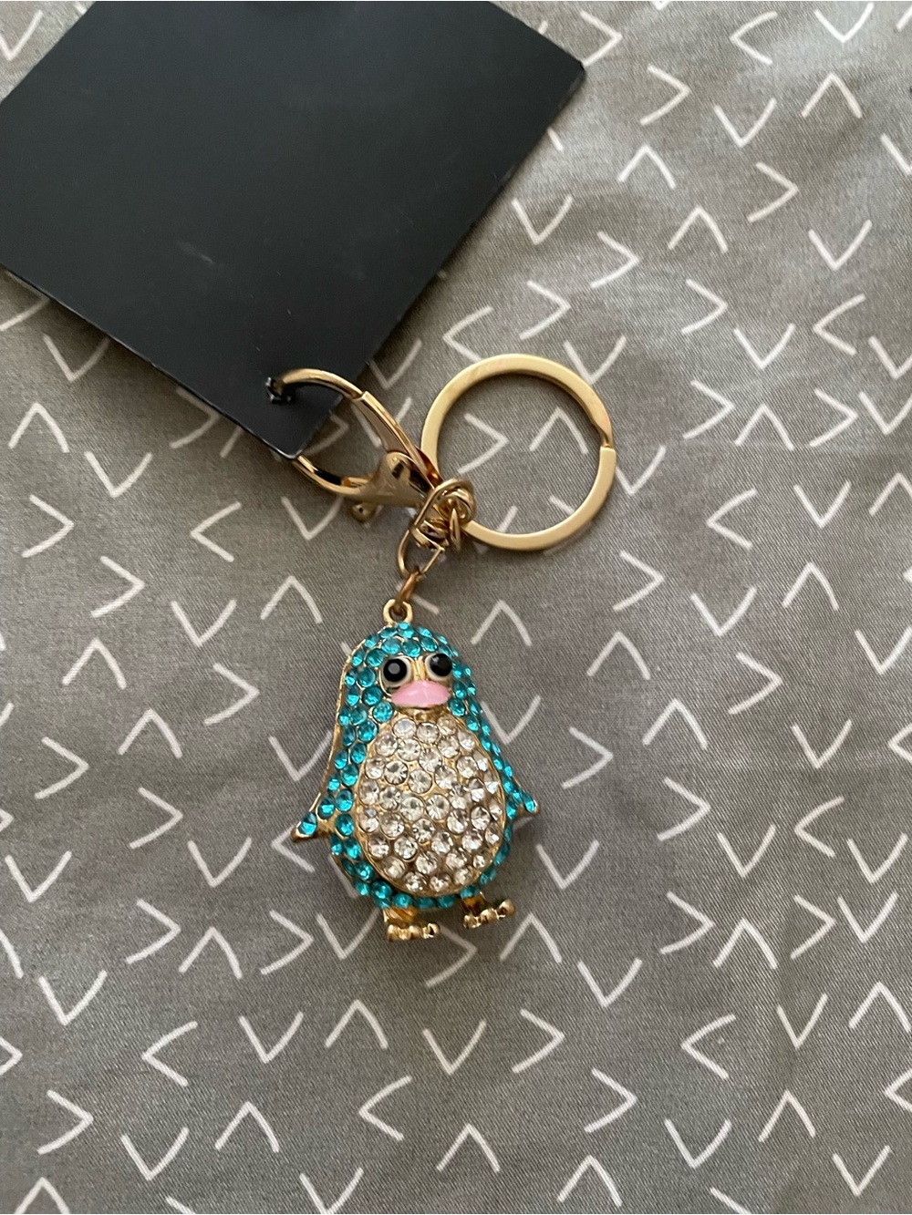 Gold Penguin Keychain Charm with Teal Crystals